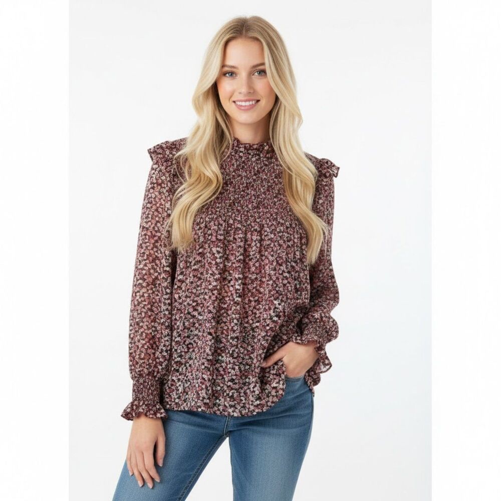 CDM Smocked Floral Print Ruffled Long Sleeve Peasant Cottagecore Blouse SZ XL